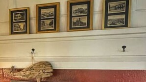 A fireplace with a tiled floor and a mantel above it. - Open Hearth Inn Suite 2 - 10 min to Acadia! (Trenton)