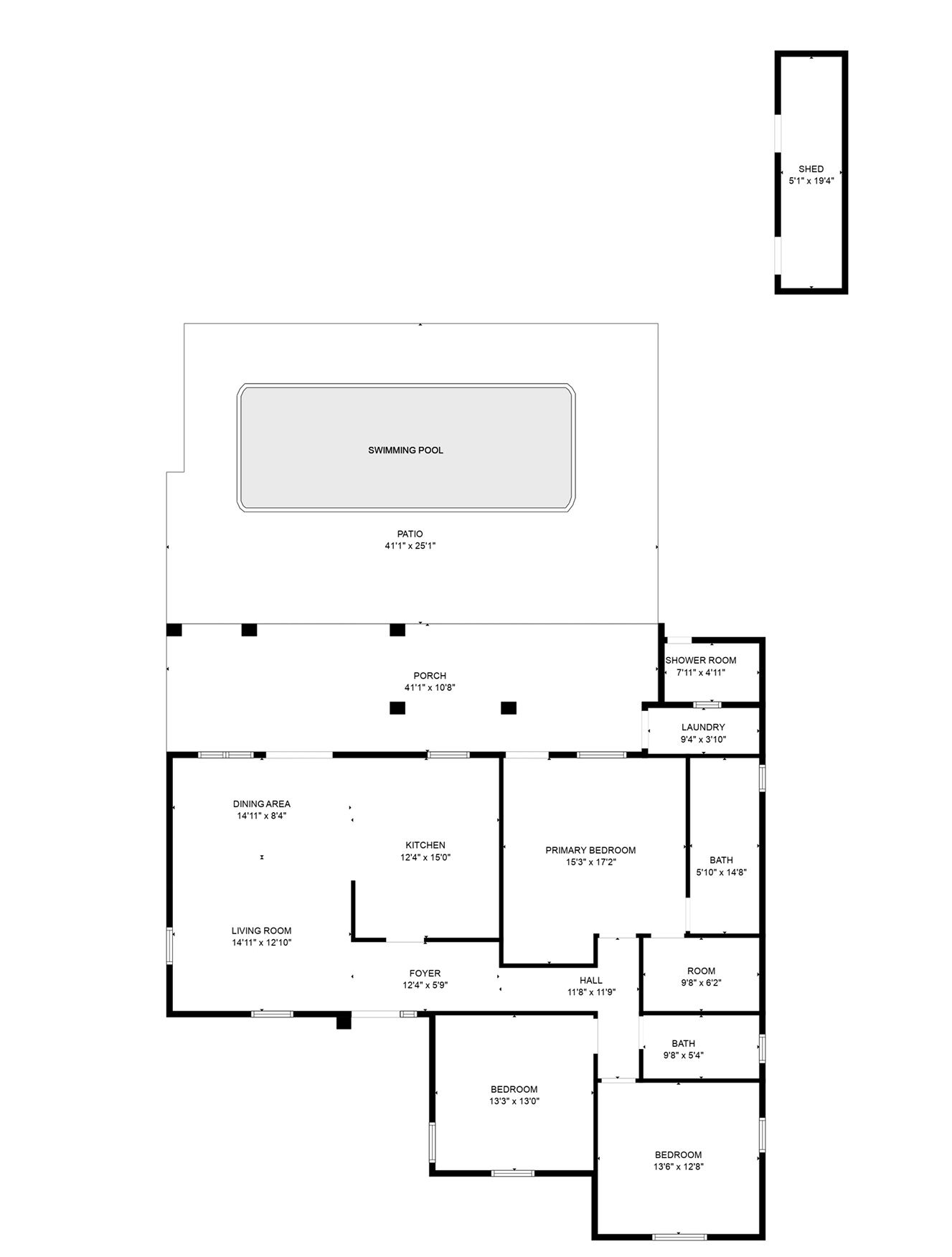 Plano de una casa con piscina, patio, zona de comedor, cocina, sala de estar, vestíbulo, habitación principal, dos baños y un pasillo.