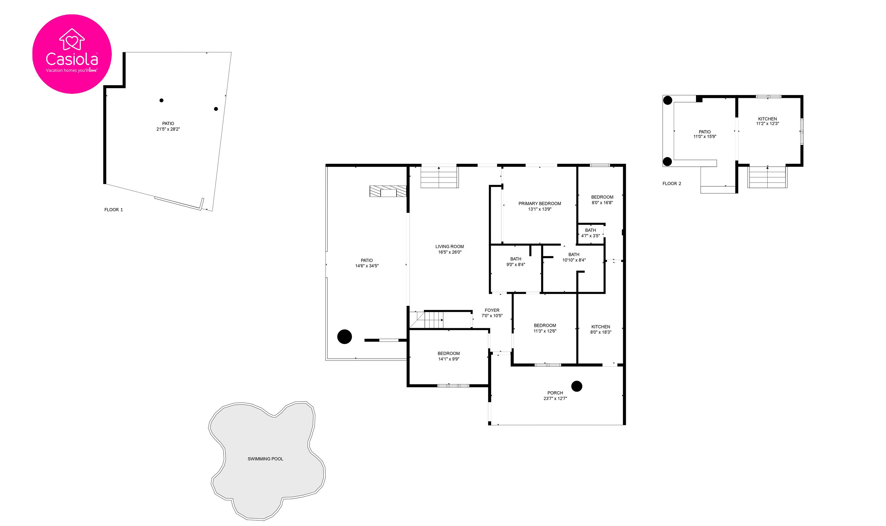 Plano de planta de una casa vacacional con patio, habitación principal, sala de estar, habitaciones secundarias, cocina, baño, vestíbulo y piscina.