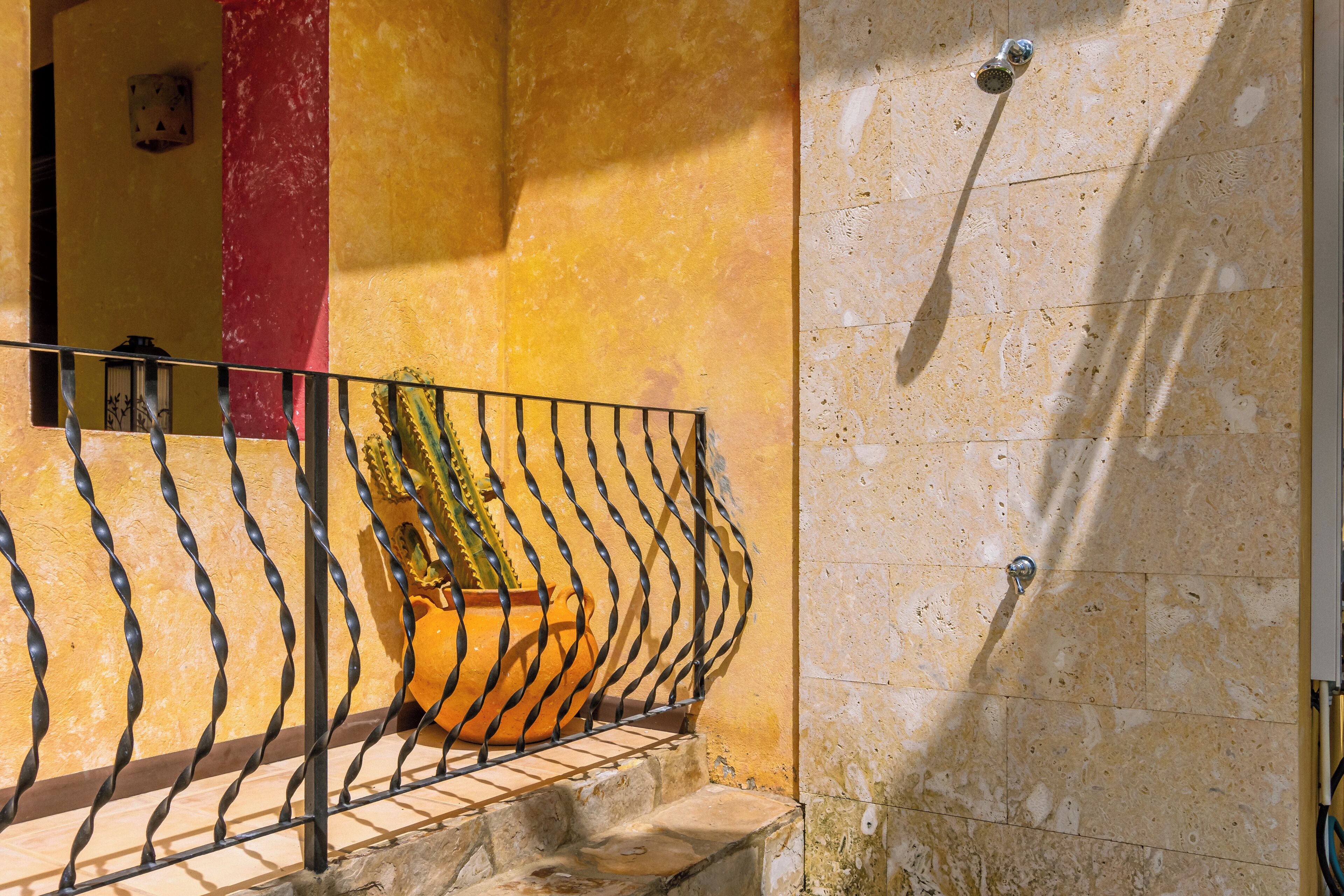 A staircase with a metal railing, a potted plant, and a wall with a showerhead.