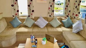 Un salon avec un canapé beige, une table basse sur laquelle se trouve un ordinateur portable, une plante et deux boîtes.