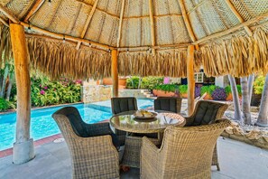 A covered outdoor seating area with wicker furniture and a pool in the background.