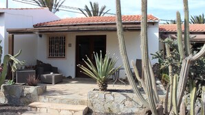 A house with a tiled roof, a stone patio, and various cacti. - Rustic 1-bed Bungalow in Parque Holandés (La Oliva)