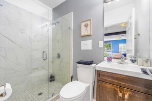 Hair dryer, towels, soap, shampoo