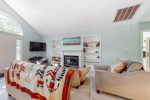 TV, fireplace, books