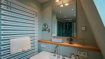 Shower, hair dryer, towels