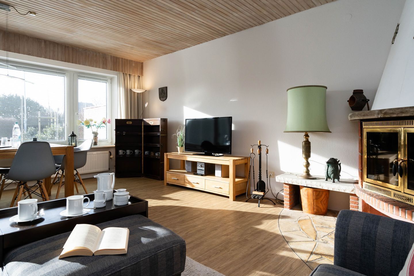 Televisión, chimenea, estéreo