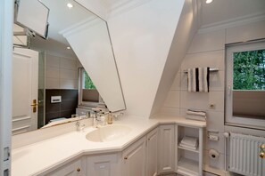 Shower, hair dryer, towels