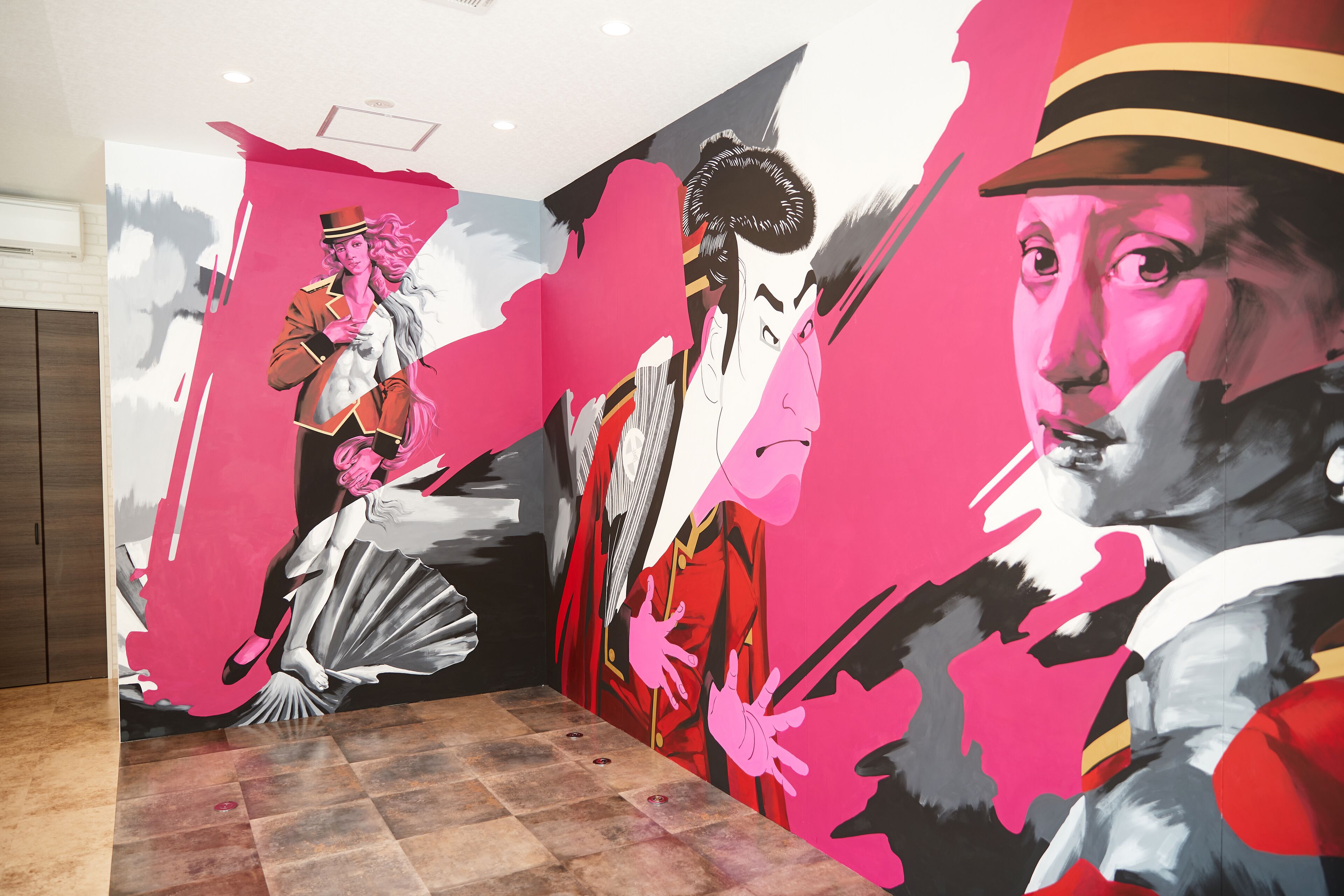 A room with a tiled floor and a large wall mural depicting a person in a red jacket and hat.