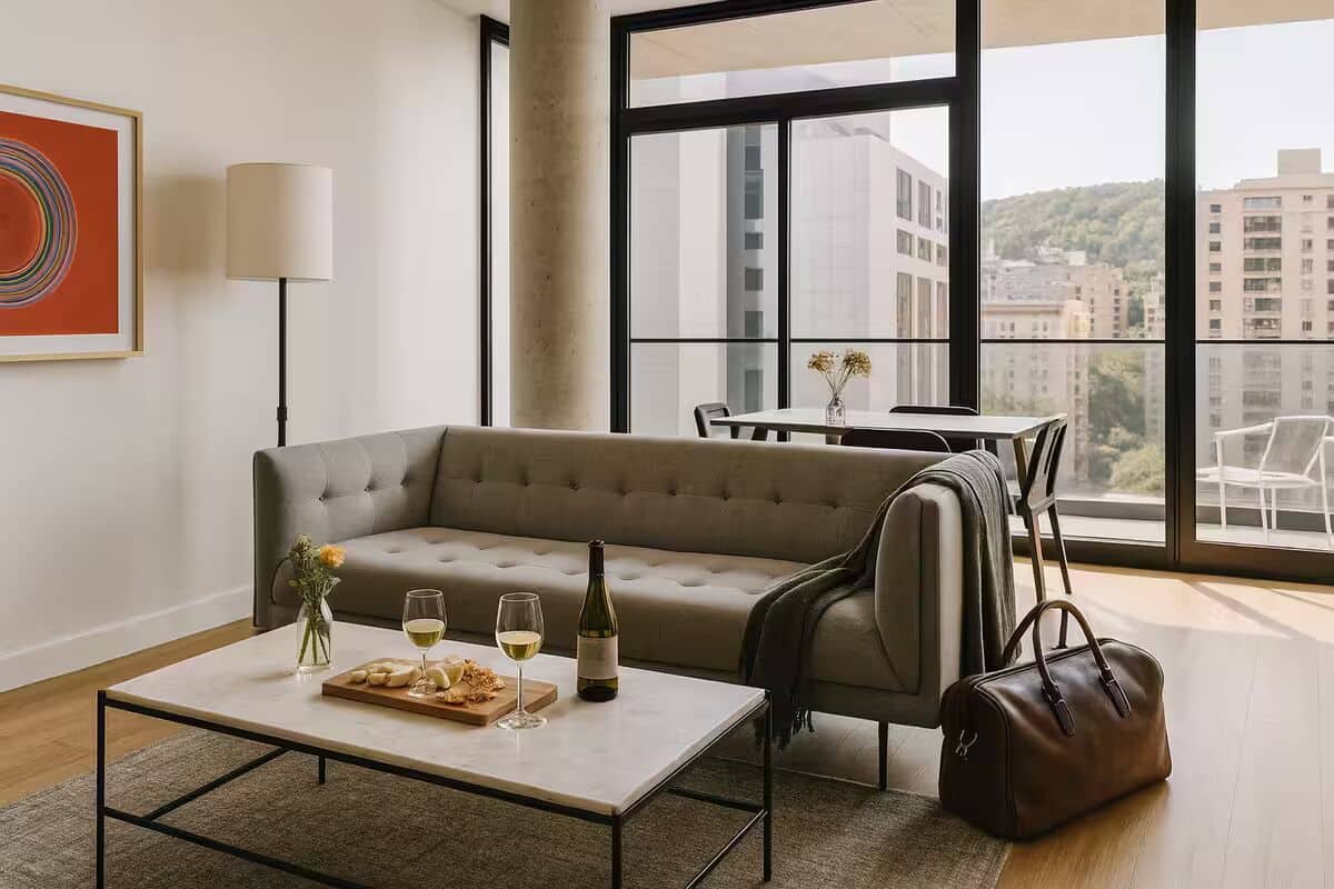 Una sala de estar moderna con un sofá, una mesita de centro con aperitivos y vino, una lámpara y vistas a edificios a través de amplias ventanas.