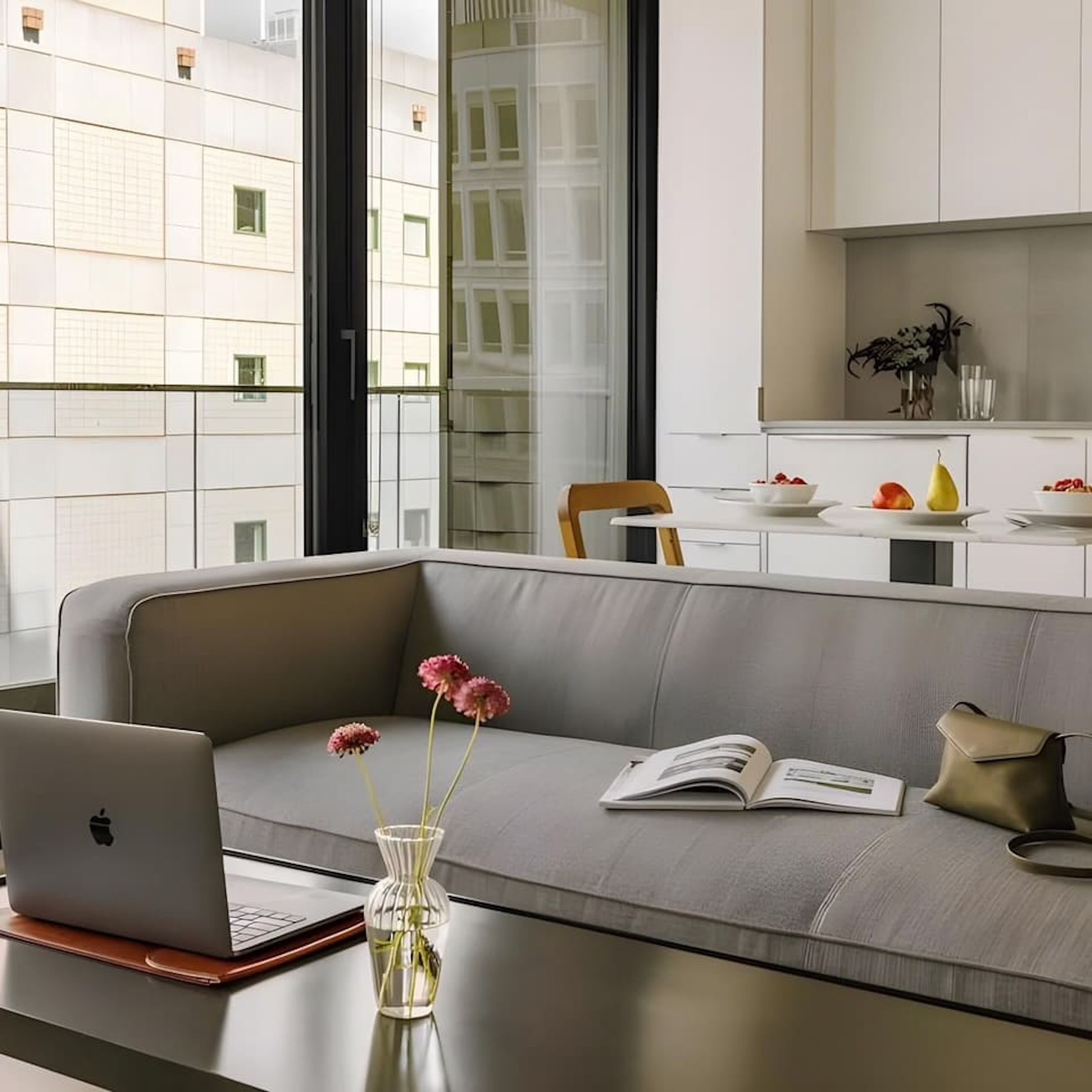 Ein modernes Wohnzimmer mit einem grauen Sofa, einem Laptop, einer Blumenvase und einem Buch.