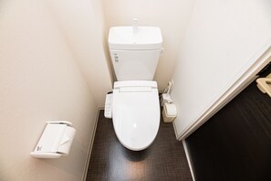 A modern bathroom with a white toilet, a wall-mounted toilet paper holder, and a dark wooden floor.