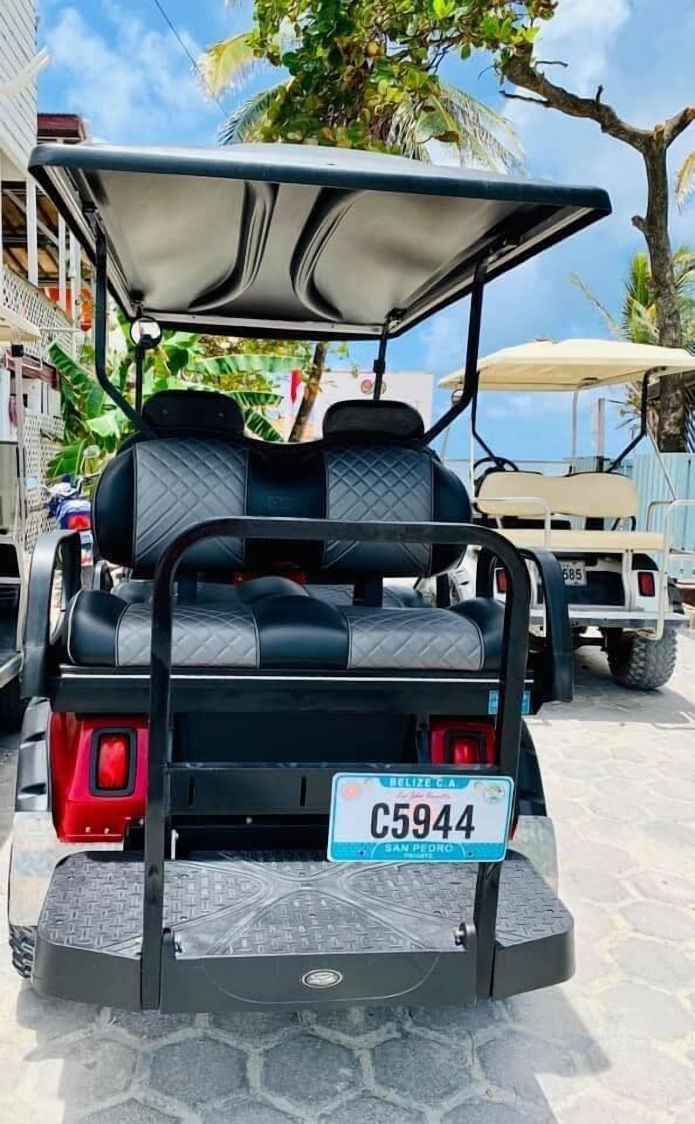 A golf cart with a black and grey quilted seat, a license plate, and a rear view of the cart's design.