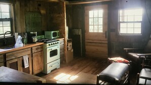 A rustic kitchen with wooden walls, a stove, a microwave, and a window. - Rustic Cabin on 7 Acres (Sparta)