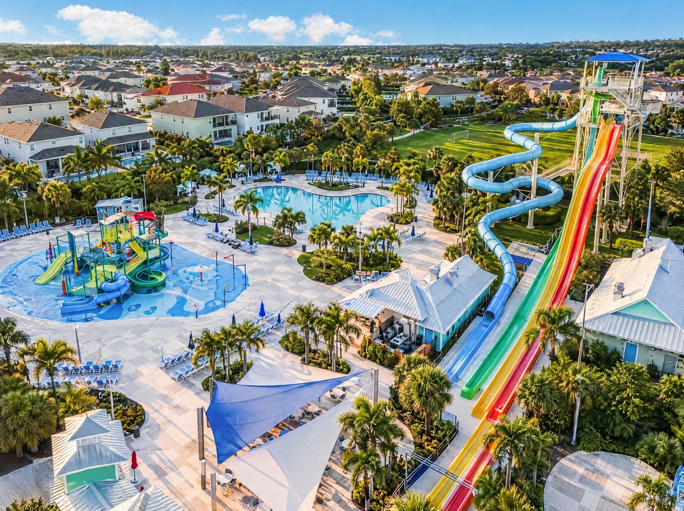 A water park with multiple slides and a pool area.