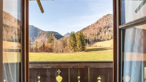 Blick durch ein Fenster mit Holzrahmen und Zierelementen auf eine gebirgige Landschaft mit Bäumen und offenen Feldern.