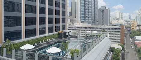 A rooftop pool area with lounge chairs and umbrellas, surrounded by high-rise buildings.