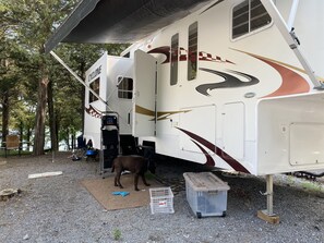 Relax in the Cyclone RV, surrounded by nature, with a designated space for dining or unwinding.