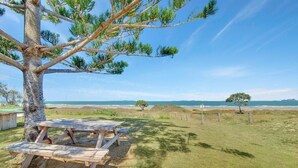 Een picknicktafel onder een boom, aan het strand, met uitzicht op de oceaan.