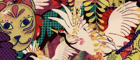 A colorful abstract painting with a peacock, a bird, and a leopard.