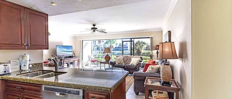 View from the kitchen into the main living areas.