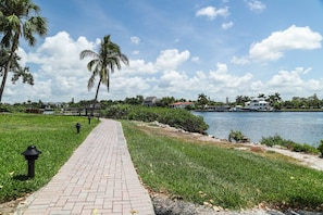 A paved walkway alongside a body of water, with palm trees and a clear sky. - Waterfront Views, Walk to Everything Pool, Pool (Sarasota)