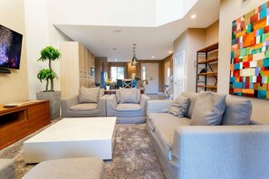 TV, DVD player, books, stereo