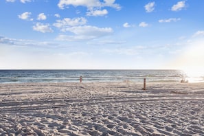 A beach with sand, a few people, and the ocean.