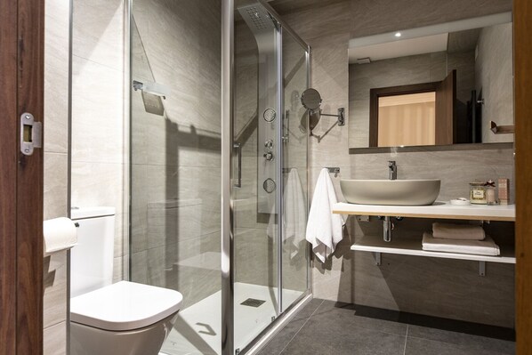 A modern bathroom with a glass-enclosed shower, a white toilet, and a vanity with a sink and mirror.