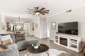 Smart TV, fireplace, books