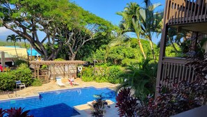 A swimming pool with lounge chairs and a pergola, surrounded by lush greenery and palm trees. - WOW! AMAZING OCEANFRONT CONDO 2nd Floor STUNNING VIEWS, GREAT LOCATION IN KAUAI (Kapaʻa)