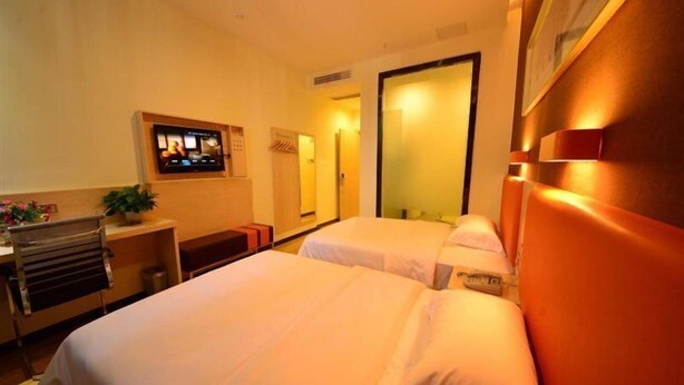 Habitación de hotel con dos camas, televisión, escritorio con planta y espejo.