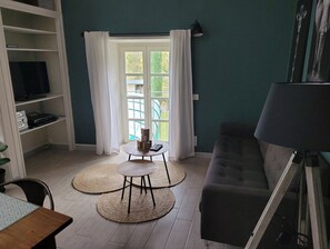 Télévision, lecteur de DVD, table de tennis de table, livres
