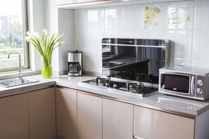 Réfrigérateur, micro-ondes, plaque de cuisson, cafetière/bouilloire
