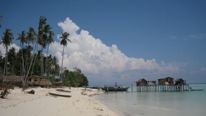 Ein Strand mit Palmen, Holzgebäuden auf Stelzen und Booten.