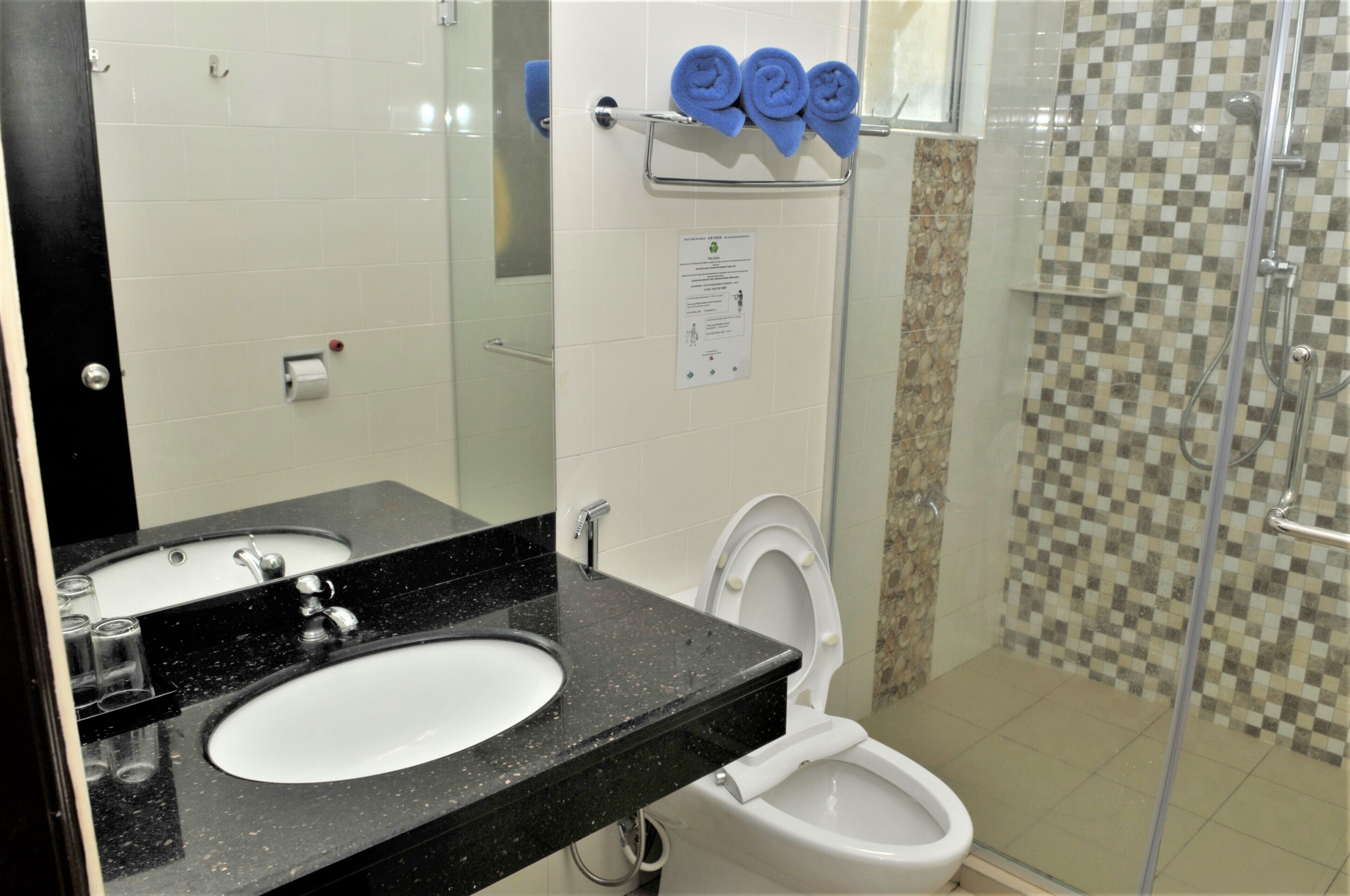 Une salle de bain avec un lavabo à vasque et un plan de toilette noir, des toilettes blanches et une douche à paroi de verre.