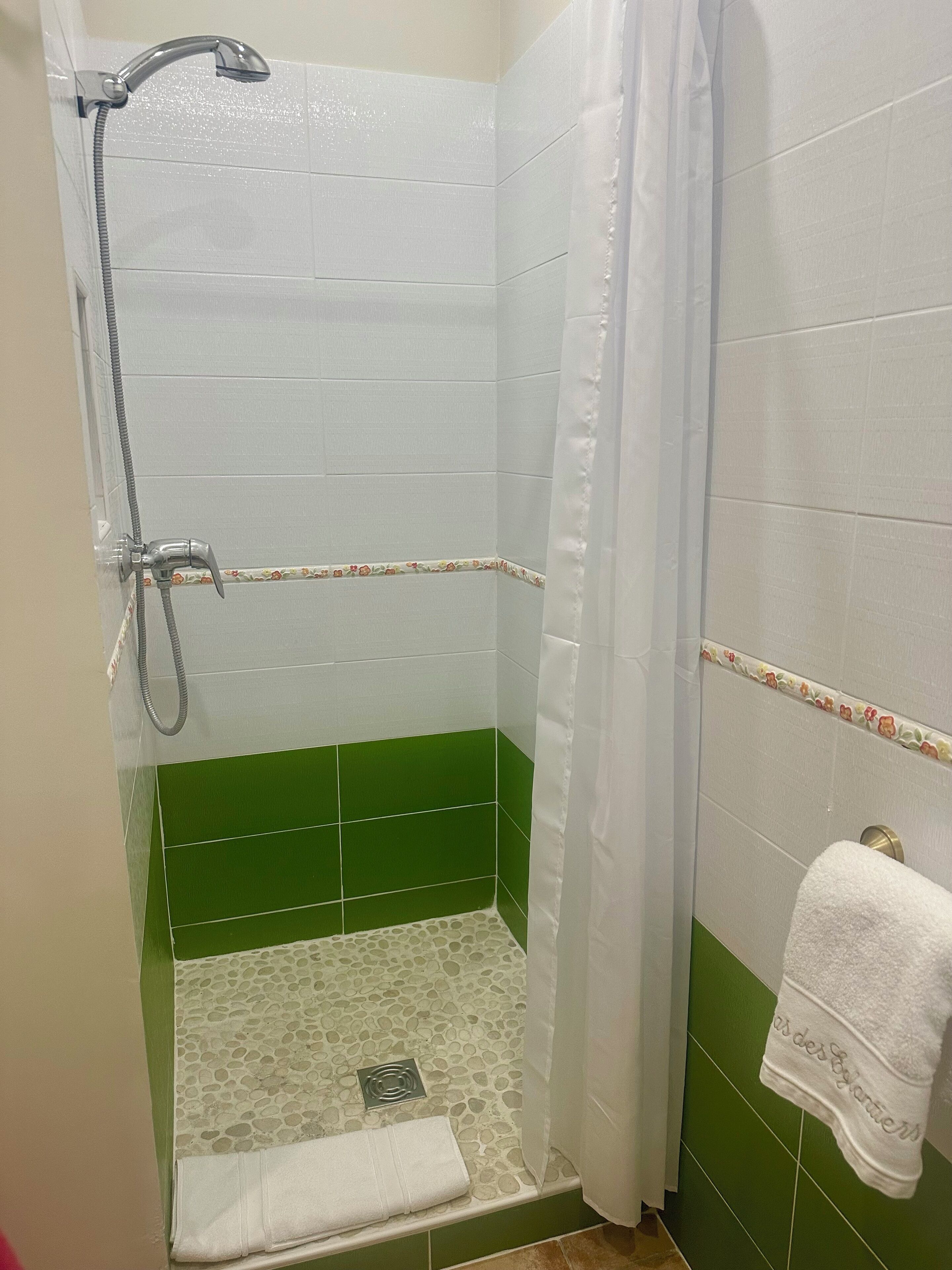Um chuveiro com cabeça de chuveiro, cortina e um porta-toalhas com uma toalha.