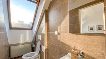 Douche, serviettes fournies, savon, shampoing