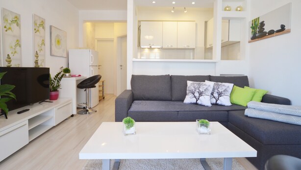 Een moderne woonkamer met een grijze bank, een witte salontafel en een televisie op een witte kast. Op de salontafel staan potplanten en er is een eethoek op de achtergrond.