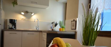 Fridge, microwave, stovetop, coffee/tea maker