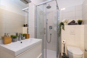 Shower, hair dryer, towels
