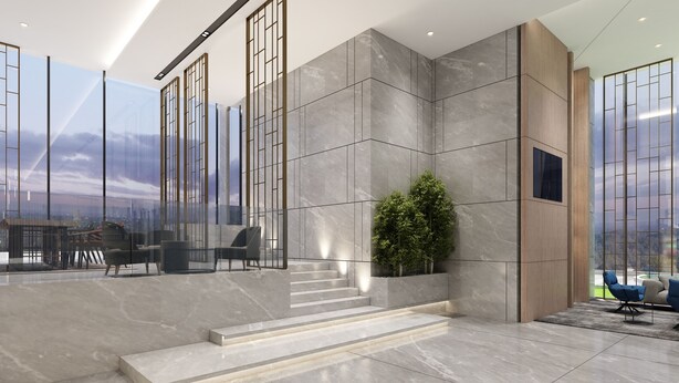 A modern interior with a staircase leading to a balcony, large windows, and a seating area with chairs. - Hyatt Place Bharuch (Bharuch)