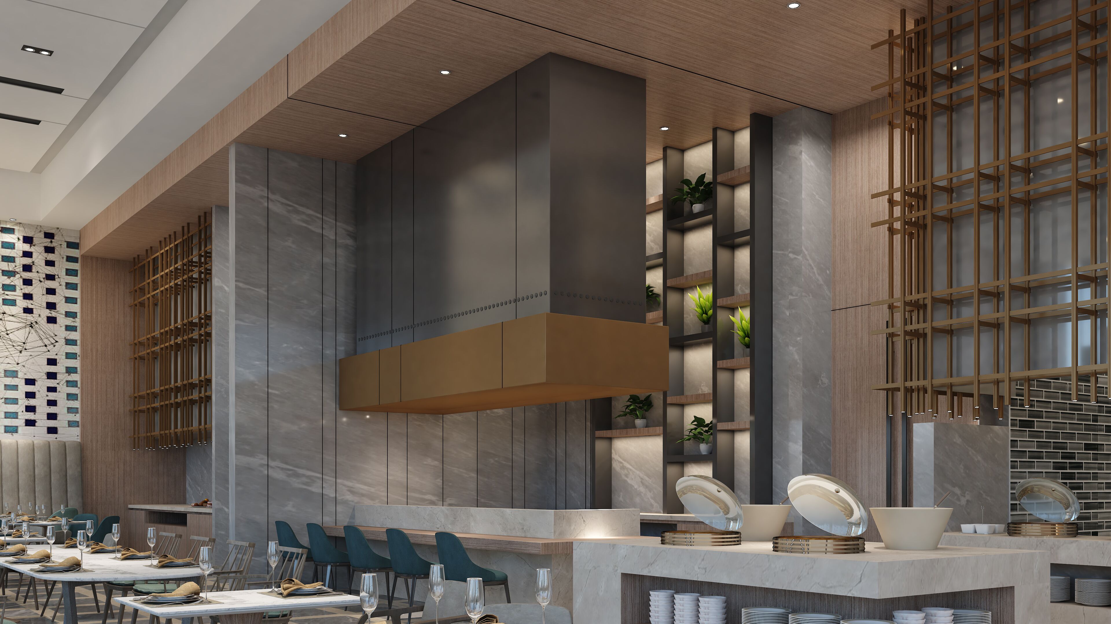 A modern restaurant interior with high ceilings, marble walls, and a central island with a glass top.