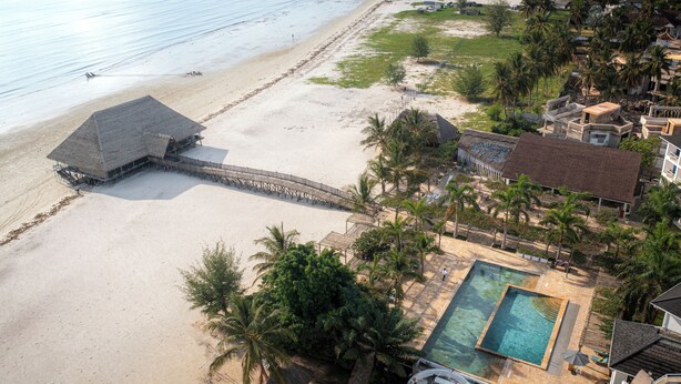 An aerial view of a beach resort with a thatched-roof structure, a pool, and surrounding palm trees.