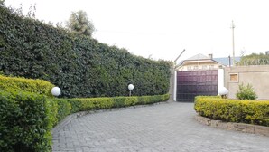 A paved pathway leading to a gated entrance with a hedge and spherical lights. - Sweet Apple Mansion Naivasha (Naivasha)