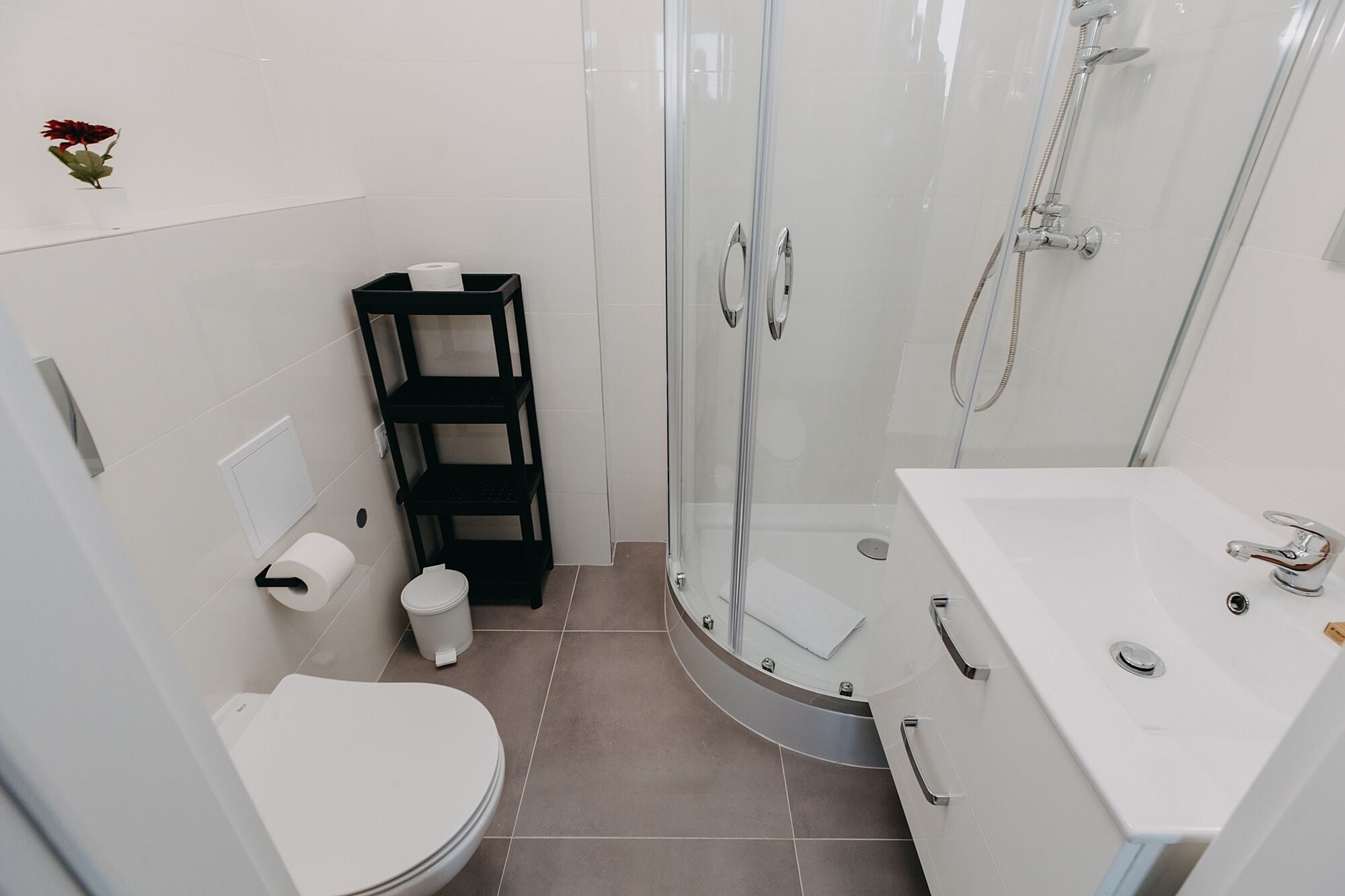 A modern bathroom with a glass-enclosed shower, a white toilet, a black shelf with a toilet paper roll, and a white sink with a mirror.