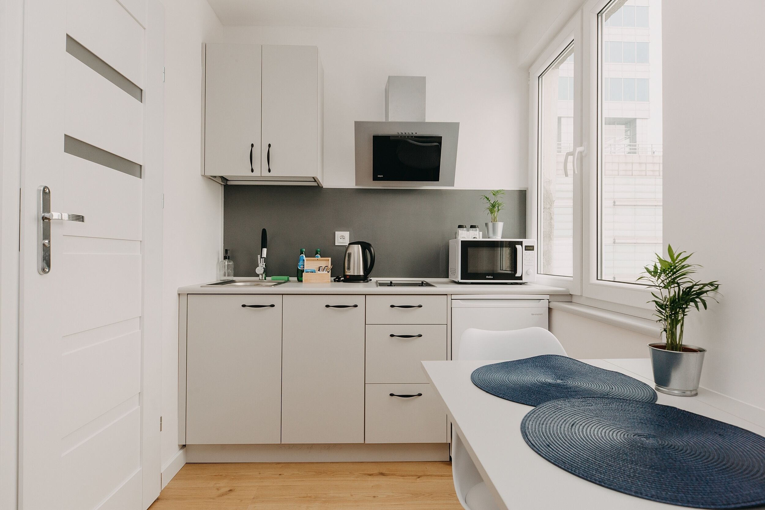 A compact kitchen with white cabinets, a microwave, a kettle, and a potted plant.
