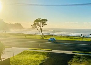 Eine Küstenstraße mit einem blauen Auto, Grünflächen, einem Baum und Blick aufs Meer.