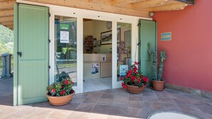 A building entrance with a green door, a sign indicating a 4-star rating, and potted plants. - Apartment on Lake Idro with Pool (Idro (bs))