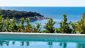 Ein Pool mit klarem, blauem Wasser, umgeben von Grün und mit Blick auf eine felsige Insel mit Bäumen.